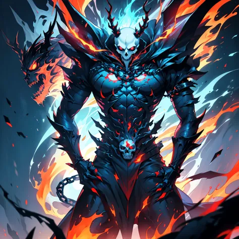 "Create an anime-style image of a Persona that blends elements of a Wendigo and Hell Biker. The Persona should be large and skeletal, with a body engulfed in blue or red flames. The head should have a demonic skull with large horns and intense, glowing eye...