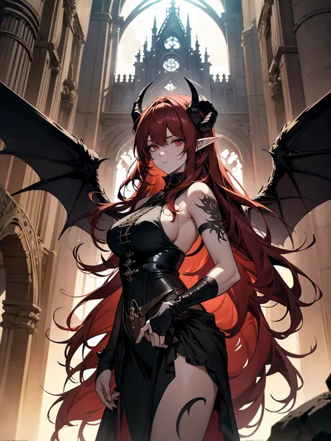 (masterpiece, high quality, highly detailed, anime style) 
demon woman, 30s, goat-like horns, long red hair, red eyes, fair skin...