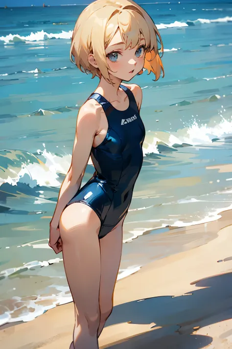 anime young girl in swimsuit with short blond hair and small breast standing on beach