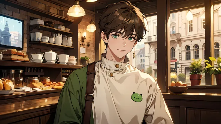 1 boy, brown hair, bright green eyes, smiley face, tall, lean, casual light colored clothes, looking at the viewer, cozy café, free hands, absurd res, high res, ultrasharp, 8k, masterpiece