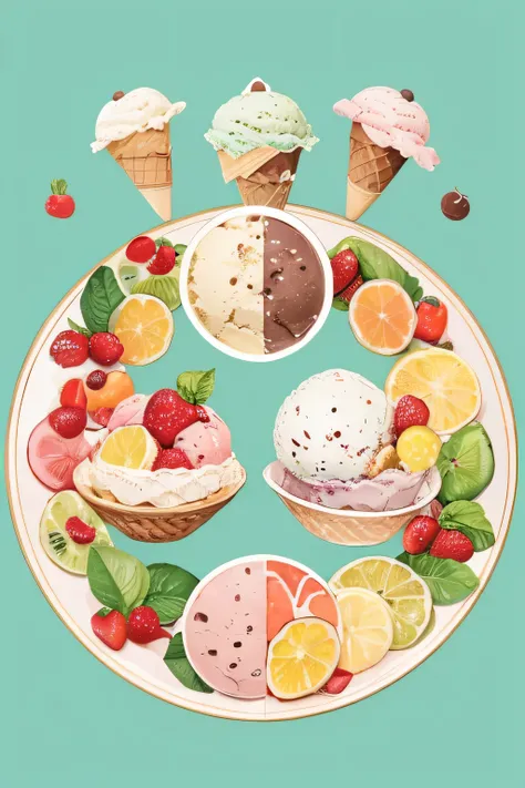 Illustrations for childrens picture books,realistic, detailed illustration,plate, (icecream and cookies on dish:1.2), too much fruits, fruits, bananas, table, on, placed, bright, single-color, background, arrangement, red fruit, soft warm colors, fine deta...