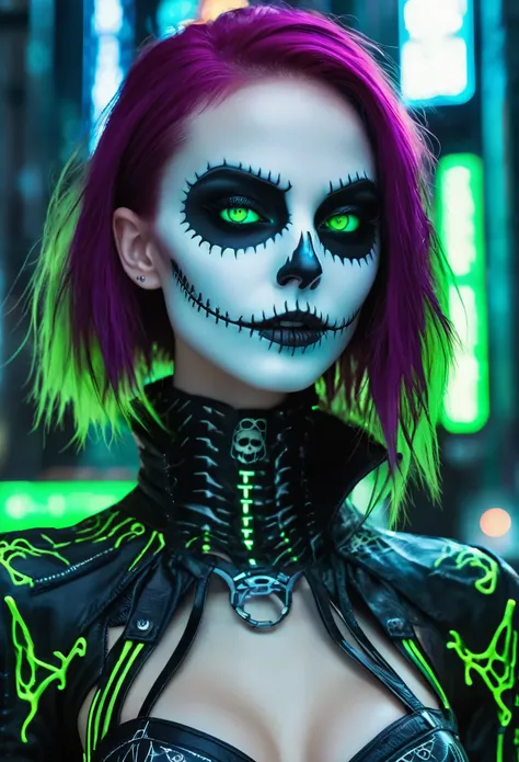 creepy Cyberpunk artwork inspired by Jack Skellington from The Nightmare Before Christmas, set in a futuristic fashion cyberpunk universe. Sexy, Emphasize her seductive allure, beautiful face, perfect eyes, perfect nose shape, perfect lips, perfect hands, ...