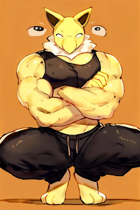 furry, anthro, solo, hypno, male, (((muscular body, massive thighs, massive male pectorals, yellow skin, fluffy neck, wearing wh...