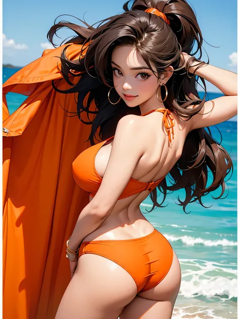 A playful Latina woman with long, voluminous wavy hair. She is wearing an orange one-piece swimsuit. "A model standing with her back to the camera, looking over her shoulder, one hand on her hip and the other gently touching her hair, with a captivating sm...