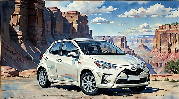 (masterpiece:1.2, Highest Toyota Yaris Cross quality),(Very detailed),(((watercolor))),8k,wallpaper,,America,Driving through Grand Canyon National Park,(((Ghibli style))),Transparent watercolor