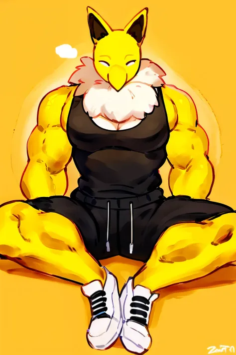 furry, anthro, solo, hypno, male, (((muscular body, massive thighs, massive male pectorals, yellow skin, fluffy neck, wearing wh...