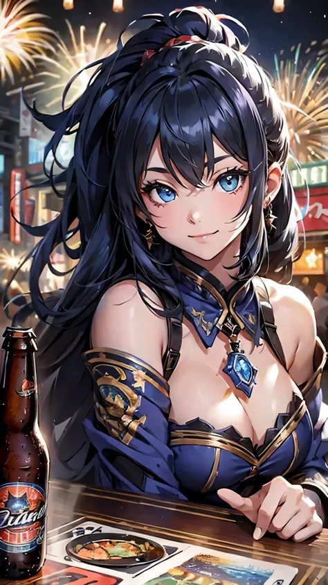 最high quality、Best image quality、masterpiece、With a girl((cute、20-year-old、Best Bust、Medium Bust、Beautiful Blue Eyes、Spread your chest wide,Black Hair、ponytail、Disheveled Hair、thin、Highest Valley、Rough style、smile、Beer を持つ、Drunk)）high quality、Beautiful art...