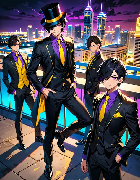 (masterpiece), (best quality), (highres), 4boys, male focus, 15 years old, billionaire, villain, solo, solo focus, three clones, jet black hair, purple eyes, swept bangs, (hair over one eye:1.3), smirk, smile, formal, suit, black jacket, yellow necktie, ne...