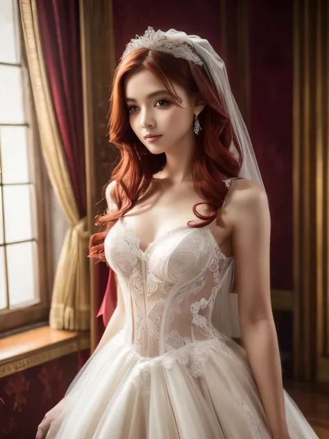 One girl, masterpiece, High resolution, Long Red Hair, ((Wedding dress, room, Bridal Lingerie, Wedding Themes)), The best transparency, 