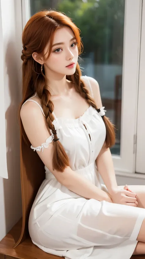 beautiful ginger girl with braided hair. wearing white satin dress