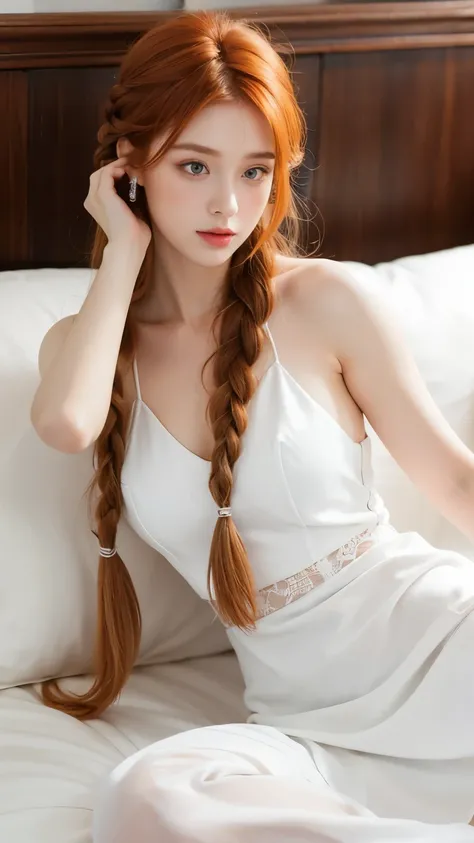 beautiful ginger girl with braided hair. wearing white satin dress