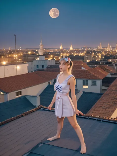 Sailor Moon (moon princess magical girl form) doing katas on a rooftop, preparing for a battle with a creature of darkness, moonlit night
