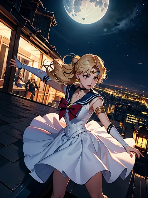 Sailor Moon (moon princess magical girl form) doing katas on a rooftop, preparing for a battle with a creature of darkness, moonlit night