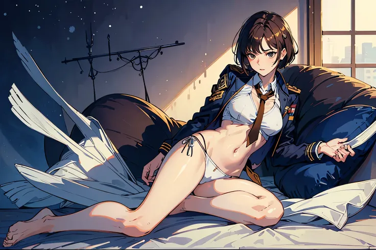 masterpiece,(Perfect Anatomy:1.5), highest quality, 1 lady , slender, leggy, Seductive, short hair, brown hair, (wear a white long sleeved shirt, tie, navy officer winter jacket:1.5), white bikini panties , barefoot, Perfect hands, Perfect body, reclining,...