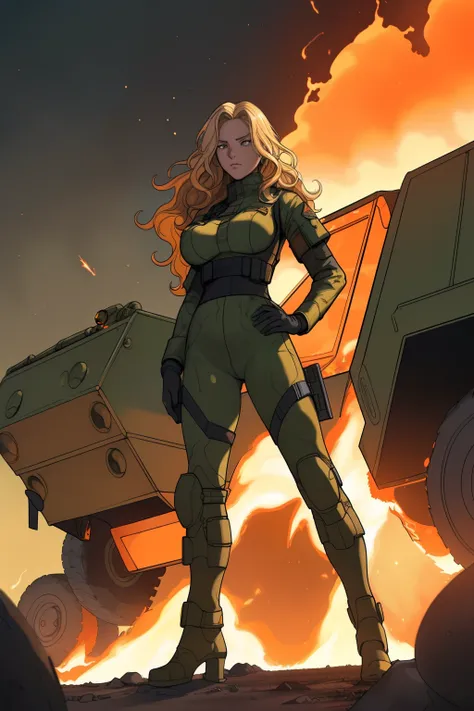 Woman with blonde, wavy hair cascading down her back, big breasts accentuated by her tactical military vest, positioned boldly amidst a chaotic dessert landscape filled with military vehicles and the ferocious tongues of flames from the cataclysmic explosi...