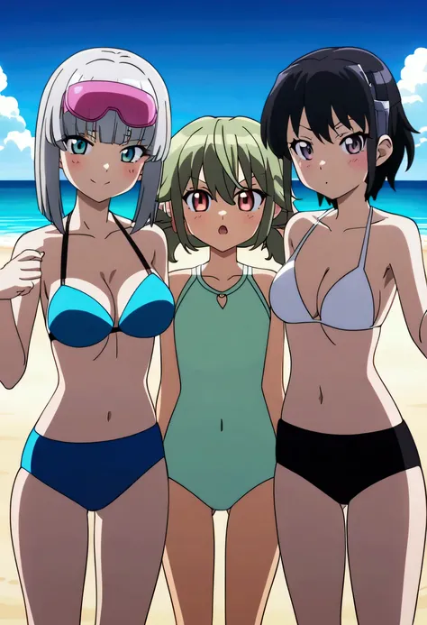 three girls in bikinis posing for a picture, extremely detailed anime style, kawaii anime aesthetic, anime style, on a beach, anime girls, edgy anime style, cartoon render, on a beach, swimsuits, holographic livestream, on a beach, kusanagi tenkuu, high qu...