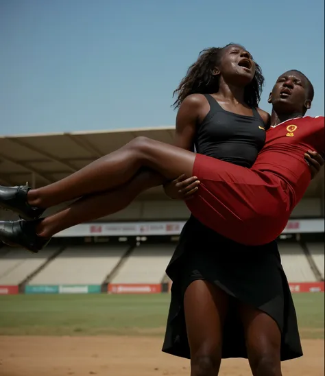 in the background a sports venue in africa, ugandan woman wearing very shiny plastic dress, Long shiny plastic skirt, Despair, unconscious, exhausted, powerlessness, man hangs limp and powerless with his head in the arms of the woman, screams of pain, shou...