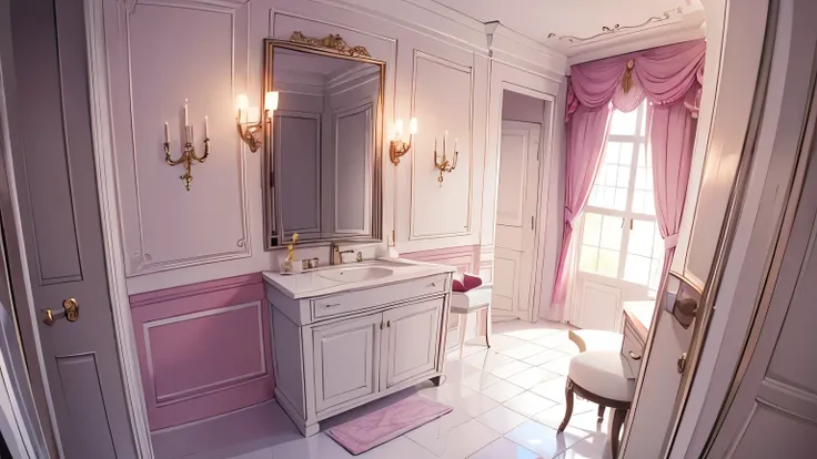 (scene for visual novel)(First person perspective) The bathroom of an elegant house with pink colors as decoration