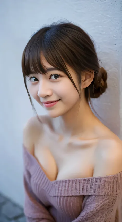 masterpiece,best quality,(Japanese girl),((Beautiful girl)),cleavage,(off shoulder:1.2),(perfect body beauty:1.2),(shy smile),From slightly above