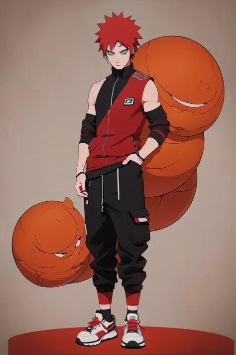 (absurd, high quality, Super Comparison, Be careful with your hands) 1 male,, Short red hair, Full body image，sneakers，I love Luo( I love Luo/Naruto)，Naruto