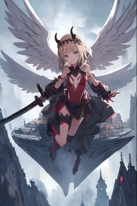 fantasy, 1devil_girl, low_teen, platina_blond_hair,long_bangs,, bare_shoulder, navel out, thighhighs,silver_armor, white_clothes,waist_armor, Glebe, hold_swords, medium_breasts, dynamic_flying_pose,Floating, (1pair_wings:1.2),(pelvic_curtain:1.3), silver_H...