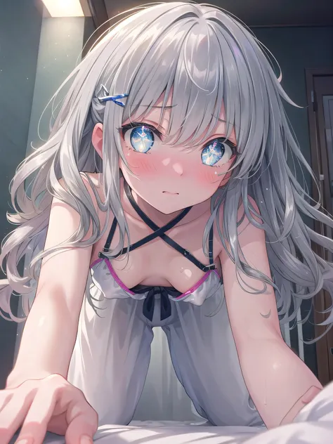 (8K, Highest Quality, Masterpiece:1.3)), Ultra High Resolution, (1 girl, solo), (Color changing eyes, Highly detailed, Expressive glow, Sparkling eyes), Highly detailed eyes, Highly detailed face, Random hair, (Silver grey color), Hair clip, Swimsuit, Erec...