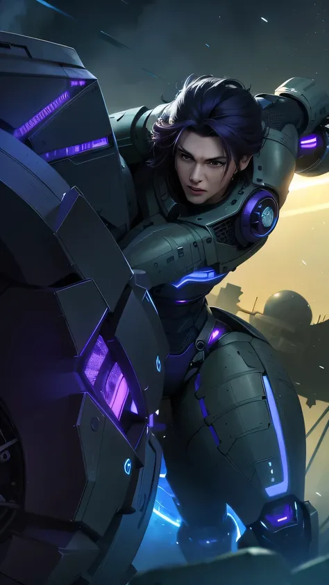 The image depicts a female character with purple hair, wearing a robotic armor, standing in front of a large, spherical, purple device with a glowing blue center, Best quality, masterpiece, detailed skin texture, detailed clothes texture, detailed face, su...