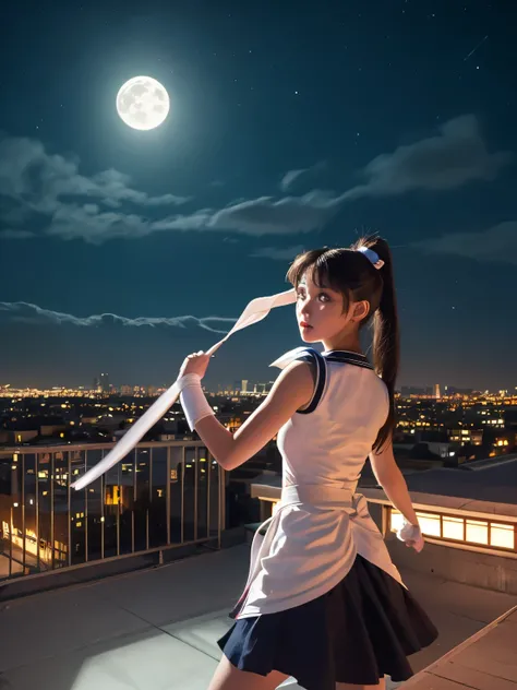 Sailor Moon (moon princess magical girl form) doing katas on a rooftop, preparing for a battle with a creature of darkness, moonlit night
