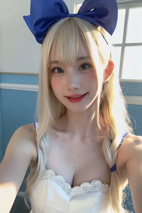 RAW Photos,(8K)、(Highest quality: 1.2)、(Real)、(Real: 1.37)、Ultra-high resolution、 young woman with long wavy platinum blonde hair and bangs、She is wearing a blue and white maid outfit with lace details and bows。She wears a blue headband with cat ears and w...