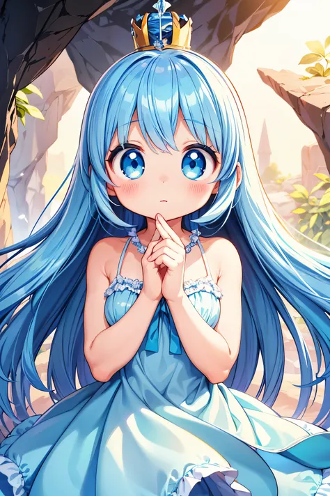 Beautiful illustration, best quality, cute girl, ((Inside a cave illuminated by blue magic)), pastel color, natural tones, Long blue hair, ((Crown)), ((Looking at viewer)), ((Athletic body)), ((Silk dress)), ((Surprised face)), (Blush), bright lighting, ((...