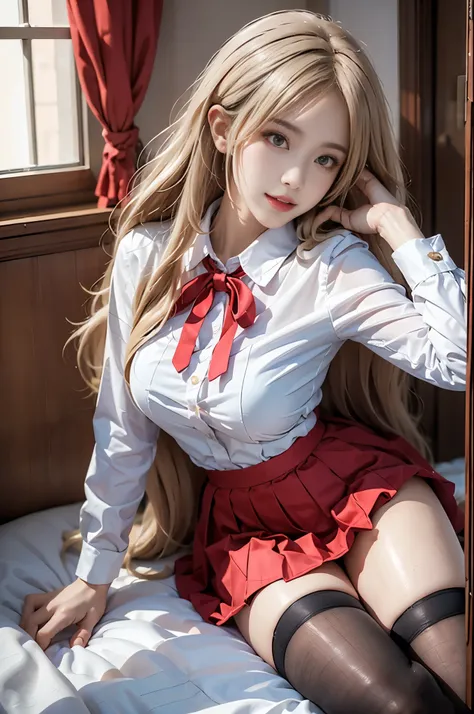 soul lover, 1girl,cosplay, 独奏,school uniform,
very long hair, parted bangs,blonde hair,
red neck ribbon,white collared shirt,long sleeves, red pleated skirt, black thighhighs, loafers, (best quality, masterpiece:1.2), tianfeng1, Extremely detailed, (Practi...