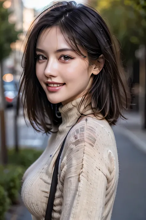 (8k, RAW Photos, Highest quality, masterpiece, Realistic, Realistic), (1 female), (Ultimate beauty), Highly detailed face, Detailed eyes, Double eyelash, eyelash, smile, (Perfect Teeth), Lip details, Brunette Bob, Big Breasts, (Long turtleneck sweater), ((...