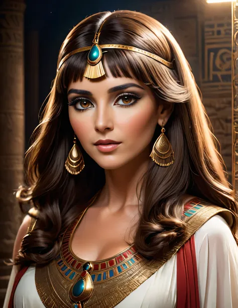 Cleopatra in her office and her long light brown hair , 35 years of experience. His sharp focus and intense gaze forward seem to pierce the darkness of ancient Egypt., Revealing Hidden Truths and Mysteries. The intricate details of their traditional red an...