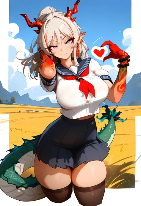 1girl, nian (arknights), arknights masterpiece, best quality, newest, horns, ///// , , by khyle, cutesexyrobutts, nyantcha thin waist, highres, absurdes.,,,big breasts, dragon_girl, cropped legs, sky, clouds, dragon tail, serafuku, sailor collar, skirt, ...