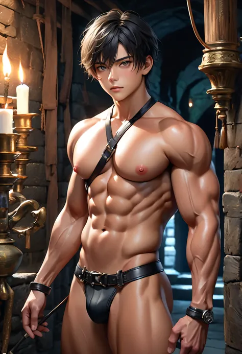 high quality, (tanned japanese teen boy:1.5), (detailed eyes), (black hair), (muscle:1.5), naked, (dark shiny skin), crossed harness, (detailed puffy nipples), looking at viewer, candle, dungeon, best quality, 4k, 8k, highres, (masterpiece:1.2),ultra-detai...