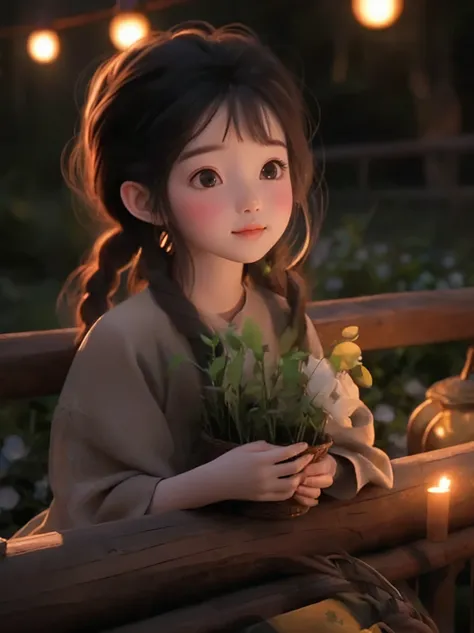 a long-haired girl sitting on a bench，holding a cup in hand, charming细致的数字艺术, charming的数字艺术, charming卡通 character, charming的肖像, ...