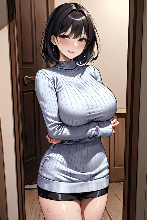 /(Modern house interior/), Only One Woman, Mature Woman, /(blue ribbed Sweater/), bangs, kind, Blushing smile, (Top quality masterpiece:1.2) Delicate illustrations, Very detailed, Large Breasts、((Sweat,vapor))、In front of the entrance door、visit、(Full Shot...