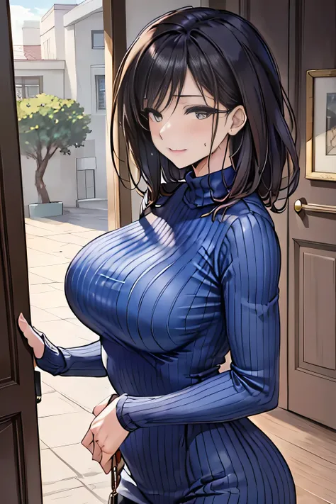 /(modern house interior/), only one woman, mature woman, /(blue ribbed sweater/), bangs, kind, blushing smile, (top quality mast...