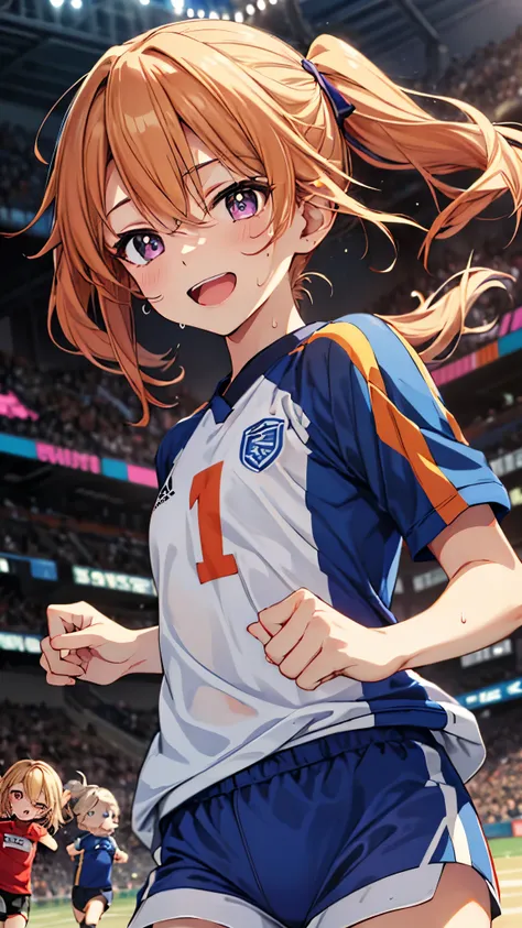 yuki_haru_theidolmastercinderellagirlsu149,orange_hair, purple_eyes, long_hair, bangs,blonde_hair, hair_between_eyes,smile,open mouth,(chibi:1.3),flat chest,slender,(Soccer uniform),blue t-shirt,white shorts,sweat,navel,(running form:1.5),Stadium,masterpie...