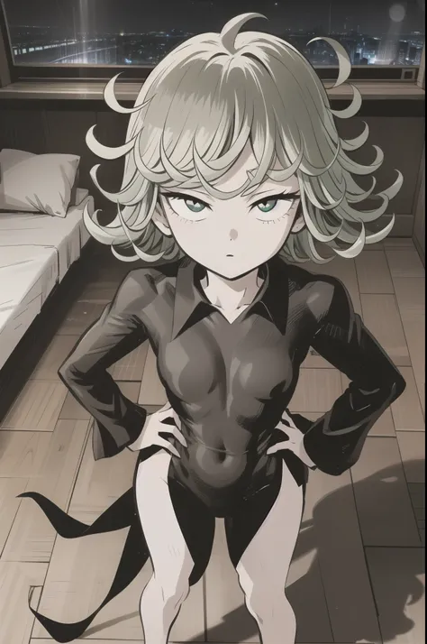 High resolution, Very detailed, Tatsumaki Tornado, Short green hair, Curly Hair, Black Dress, Long sleeve, indoor,night, From above、(Focus on the face)、Place one hand on hip、get closer、Looking into the camera