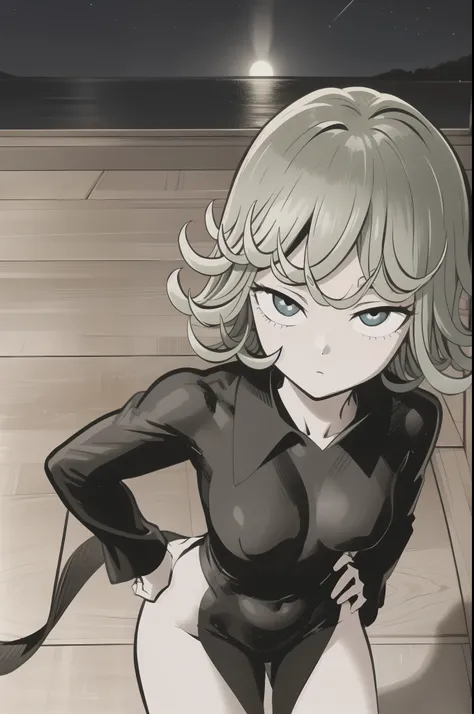 High resolution, Very detailed, Tatsumaki Tornado, Short green hair, Curly Hair, Black Dress, Long sleeve, indoor,night, From above、(Focus on the face)、Place one hand on hip、get closer、Looking into the camera