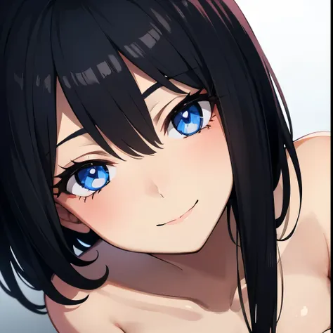 [(Beautiful young girl) (short black hair) (blue eyes) (flat chest)]  ([high Definition] [correct anatomy]): (very close face) (smiling) (photo face) (in love eyes expression) (red cheeks) 