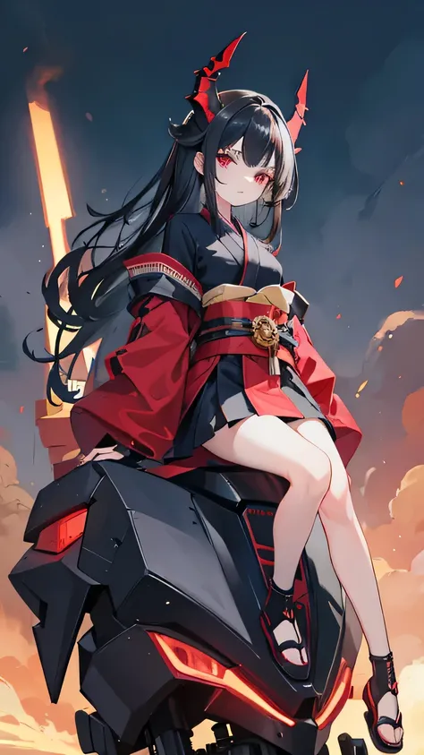 A young girl of 17 or 18 years old with a delicate face, long black hair, dragon horns on her head, red eyes, and a relaxed expression. She is wearing a red and black high-tech kimono with a high-tech long sword on her waist. She is in a black ruin with a ...