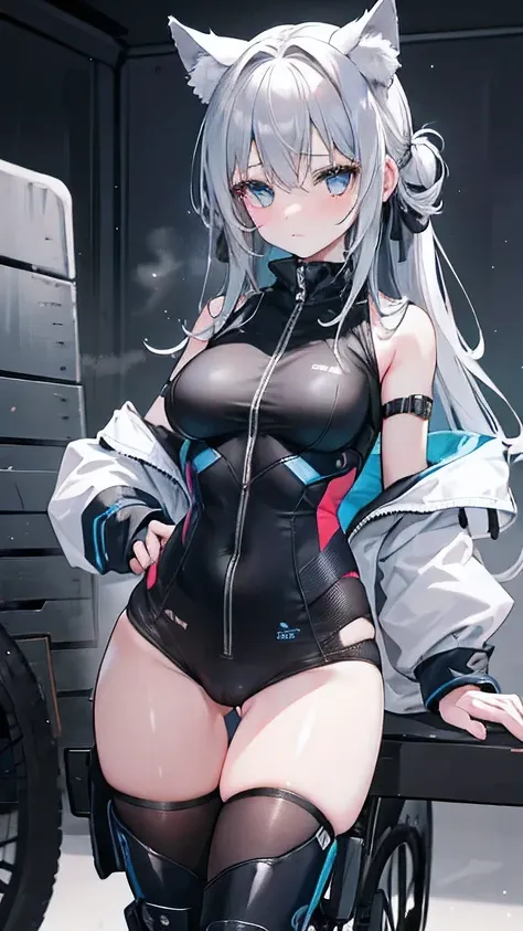 A young girl of 17 or 18 years old with a delicate face, silver-gray long hair tied up, big gray wolf ears on her head, blue eyes, and a relaxed expression wearing a high-tech black cycling suit. She is in a black high-tech garage with a high-tech cool hov...