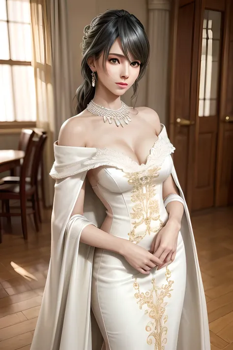 A lady with extraordinary temperament, she stands in a modern indoor space, as if she is a model from a fashion magazine. She is wearing a (pure white long fur cape), the softness and luster of which makes her look more noble under the light, and complemen...