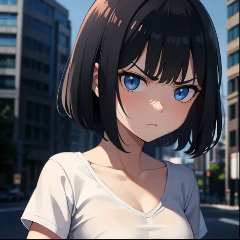 [(Beautiful young girl) (short black hair) (blue eyes) (flat chest) (small breasts)]  ([high Definition] [correct anatomy]):  (very close face) (angry) (red cheeks) (city background) (wearing a white T-shirt)