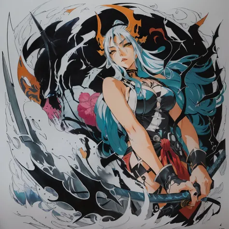 anime drawing of a woman with a sword and a demon, full color drawing, pencil and ink manga drawing, black ink & copic markers, colored ink drawing, anime character; full body art, anime style artwork, manga painting, pencil and ink manga, colored sketch a...