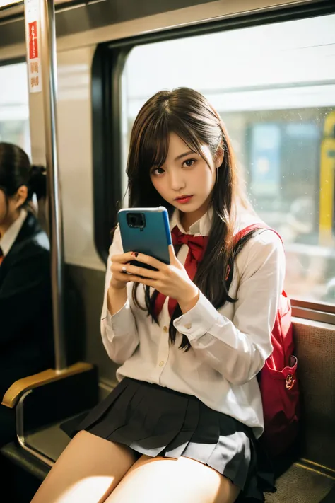 8k, RAW Portrait (Japanese women),masterpiece、Photorealistic:1.3、Realistic, Ultra-high resolution, Highest quality, Real Life Photos ,(((Showing panties:1.4)))、((A girl sitting on a chair on a Yamanote Line train and looking at her smartphone))、
((((1 girl...