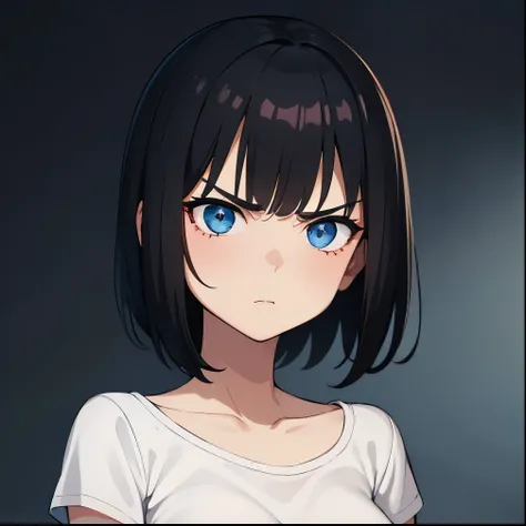 [(Beautiful young girl) (short black hair) (blue eyes) (flat chest) (small breasts)]  ([high Definition] [correct anatomy]):  (very close face) (angry) (red cheeks) (bedroom background) (wearing a white T-shirt)