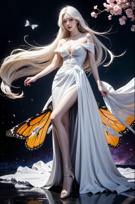 long dress, White hair ,Beautiful dance dynamics , Long legs , Calf((Long white hair，Flowing long hair))Official Art , Unity8k Wallpaper , Extremely detailed , Visible cleavage, Pretty and beautiful , Sexy long legs, masterpiece , best quality ,Practical, ...